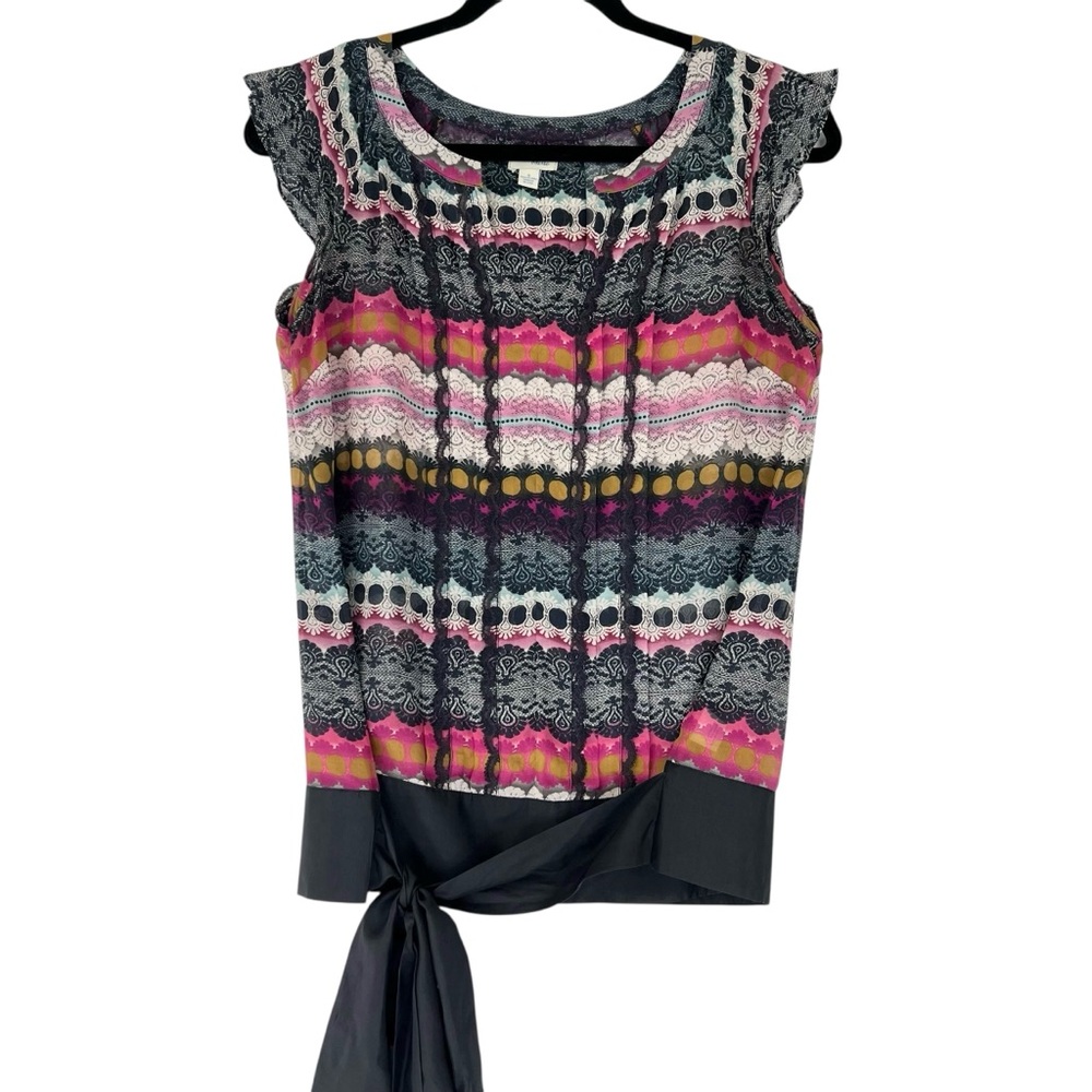 Anthropologie Odille Silk Blouse Sz 4 Sheer Pleat Lace Multi Color Tie Waist